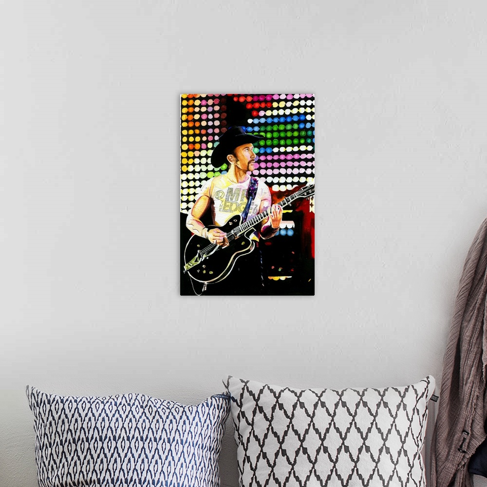 A bohemian room featuring Painting tribute to the Edge on the Popmart tour in watercolor.