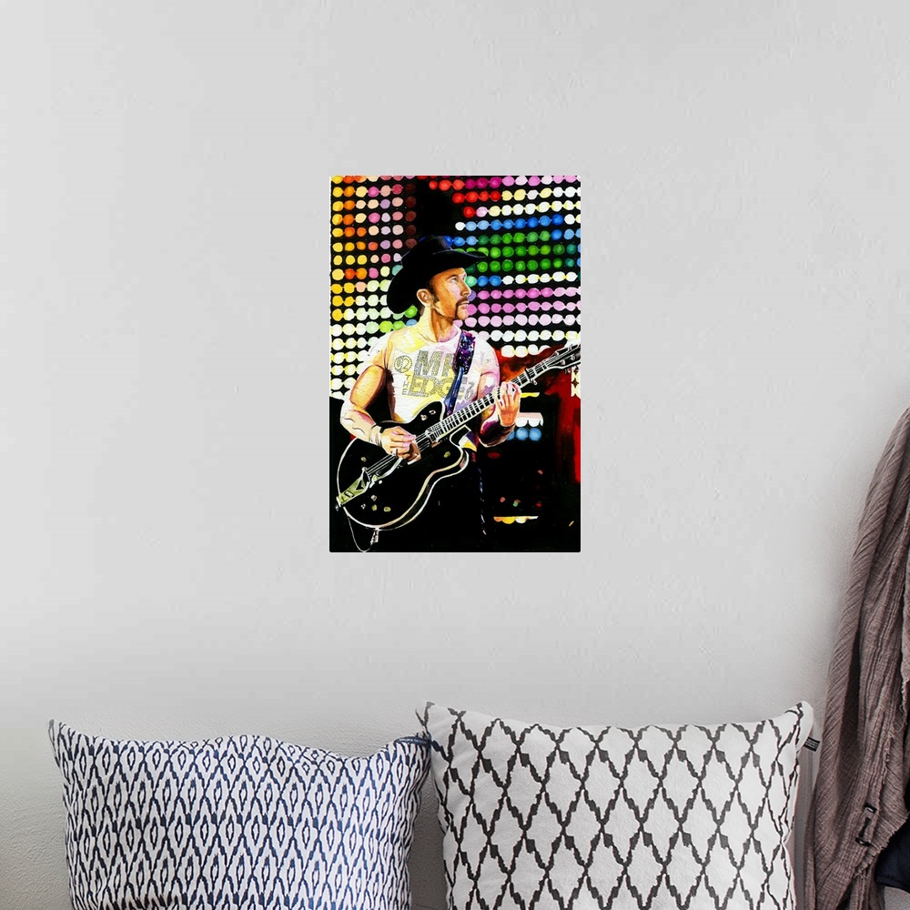 A bohemian room featuring Painting tribute to the Edge on the Popmart tour in watercolor.
