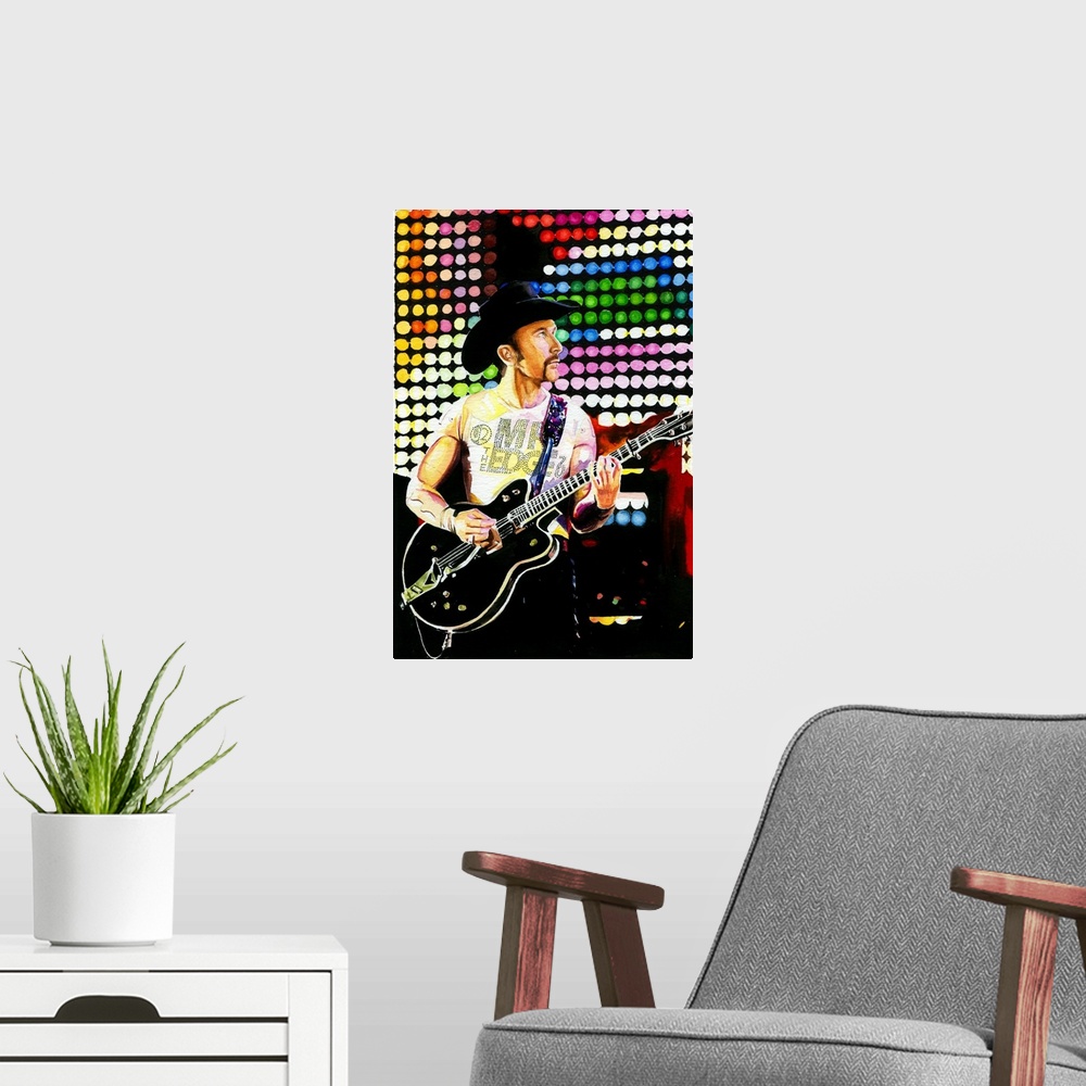 A modern room featuring Painting tribute to the Edge on the Popmart tour in watercolor.