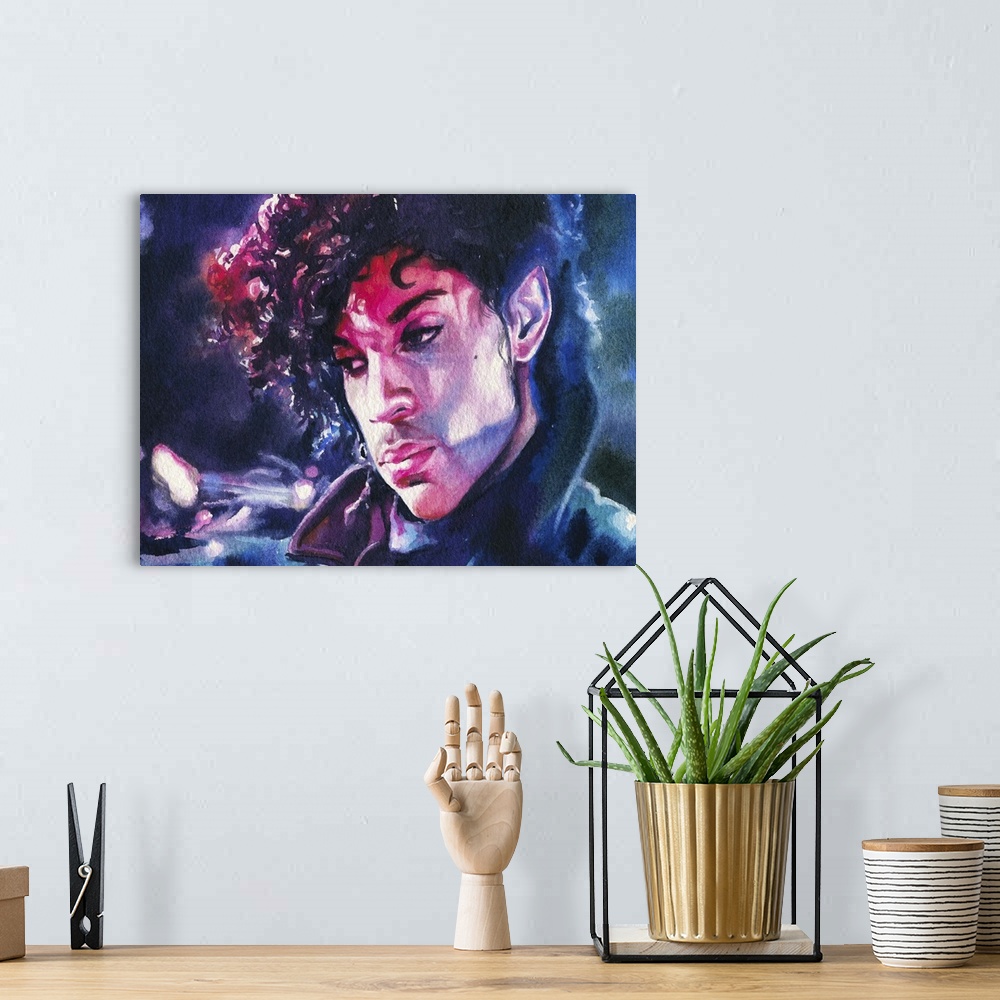 A bohemian room featuring Horizontal watercolor painting of Prince.