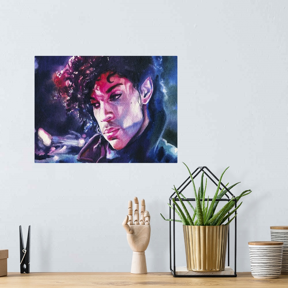 A bohemian room featuring Horizontal watercolor painting of Prince.
