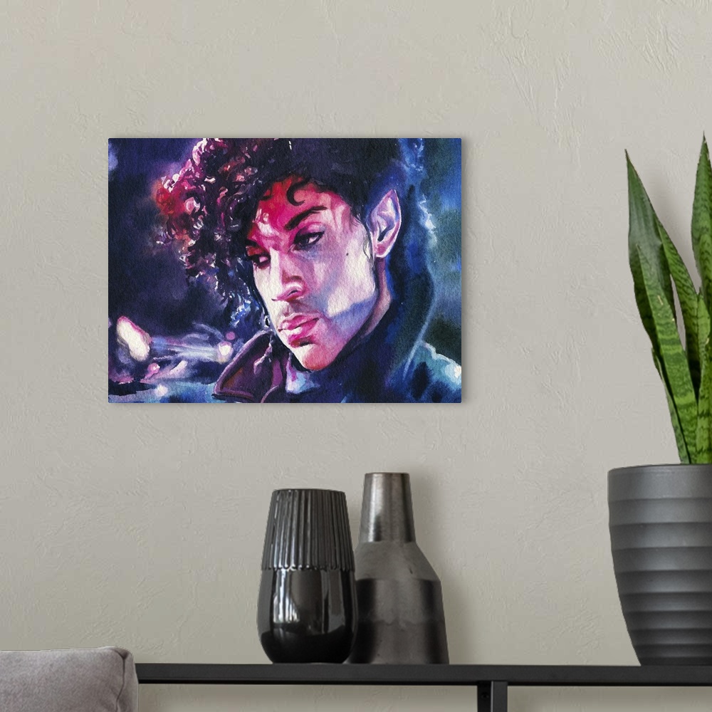 A modern room featuring Horizontal watercolor painting of Prince.