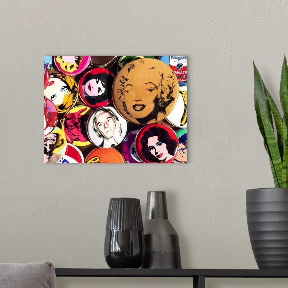 A modern room featuring Watercolor painting of a collection of Andy Warhol pins on a wooden table.