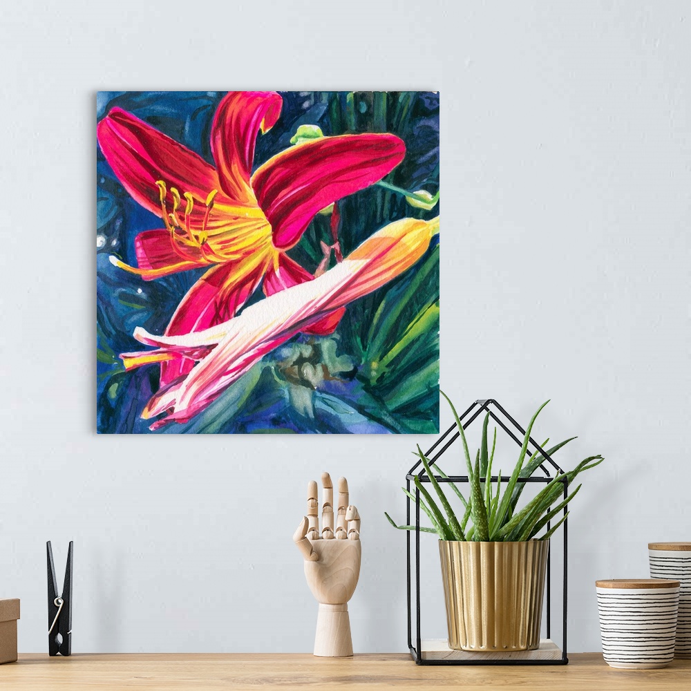 A bohemian room featuring Square watercolor painting of a Red Daylily.