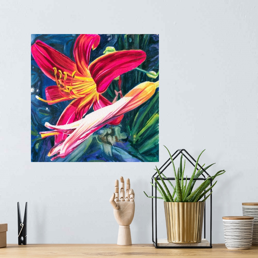A bohemian room featuring Square watercolor painting of a Red Daylily.