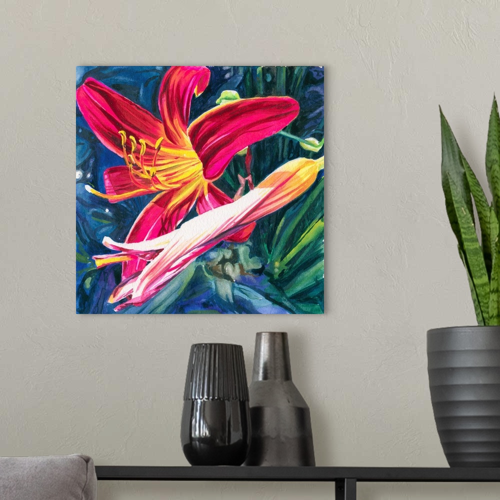 A modern room featuring Square watercolor painting of a Red Daylily.