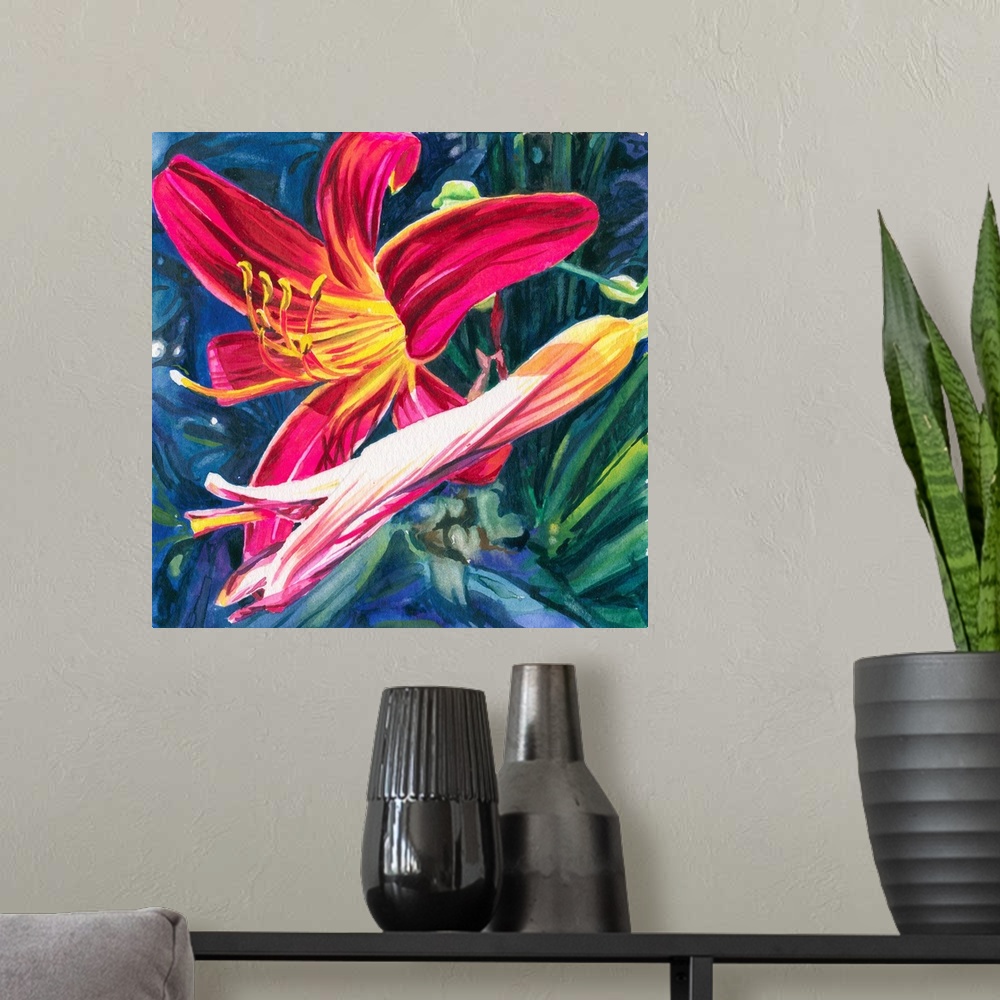 A modern room featuring Square watercolor painting of a Red Daylily.
