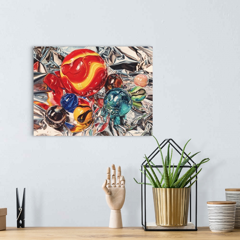 A bohemian room featuring Watercolor painting of colored marbles on a crumpled sheet of foil.