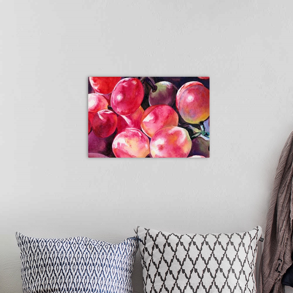 A bohemian room featuring Horizontal watercolor painting of a bunch of red grapes.