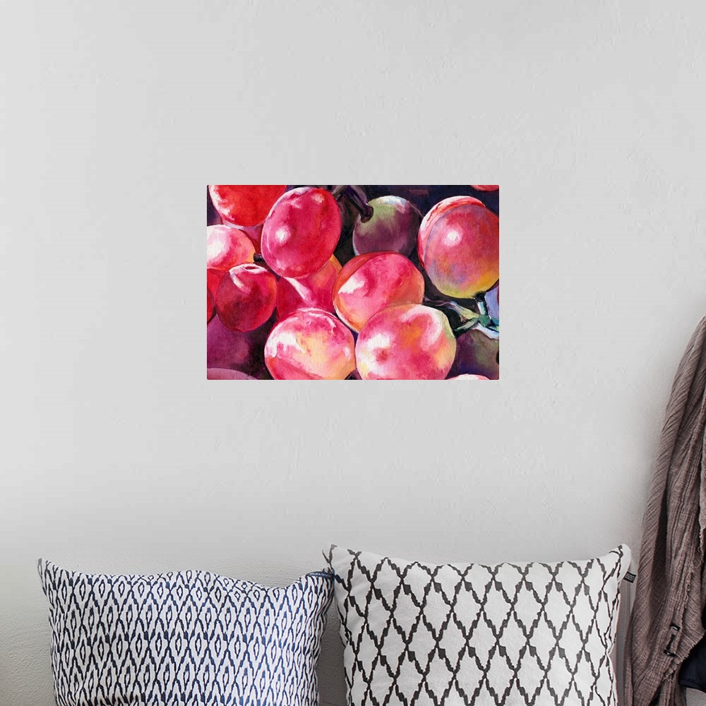 A bohemian room featuring Horizontal watercolor painting of a bunch of red grapes.