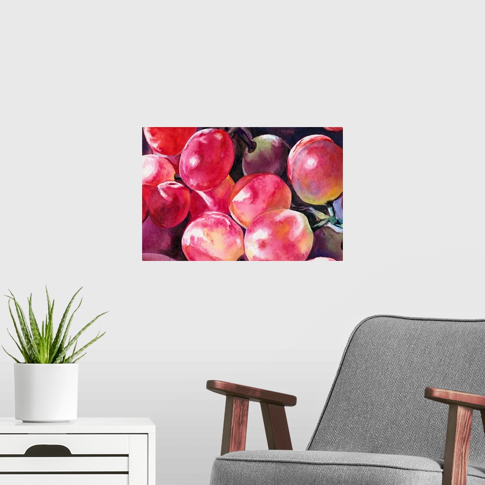 A modern room featuring Horizontal watercolor painting of a bunch of red grapes.