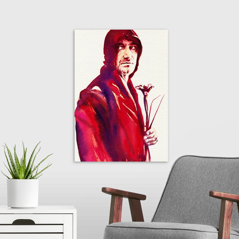 A modern room featuring Watercolor Illustration for atu2.com of Bono from U2 circa 1997.