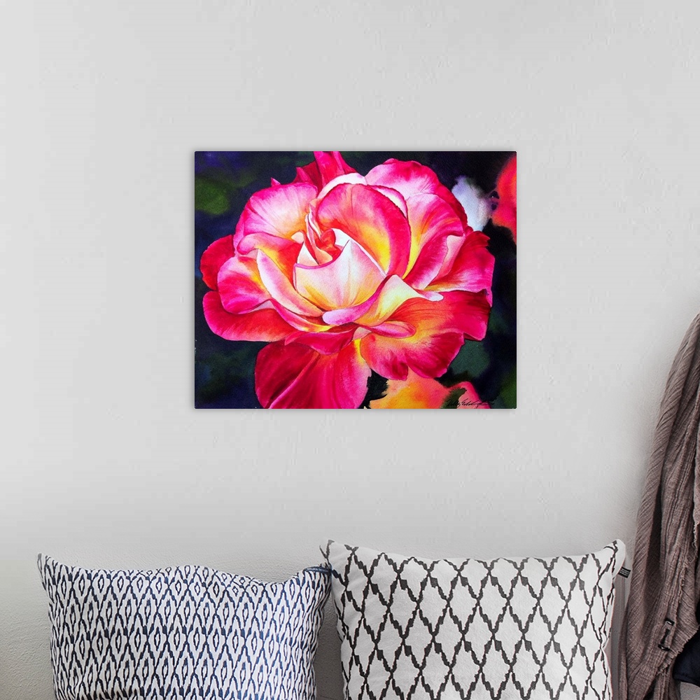A bohemian room featuring Watercolor painting of a Rio Samba rose. The petals are a combination of cadmium yellow light, ca...