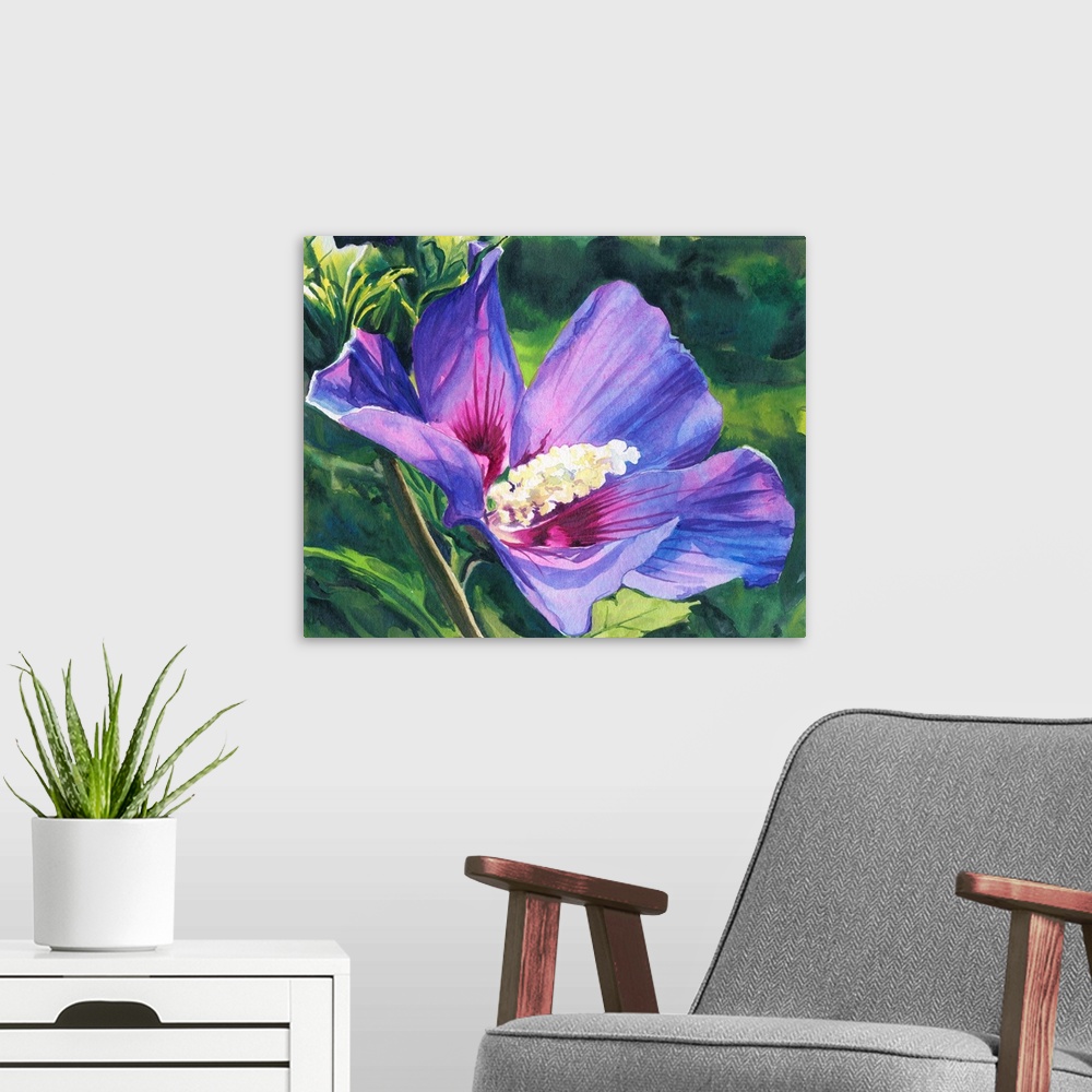 A modern room featuring Horizontal watercolor painting of a Rose of Sharon.