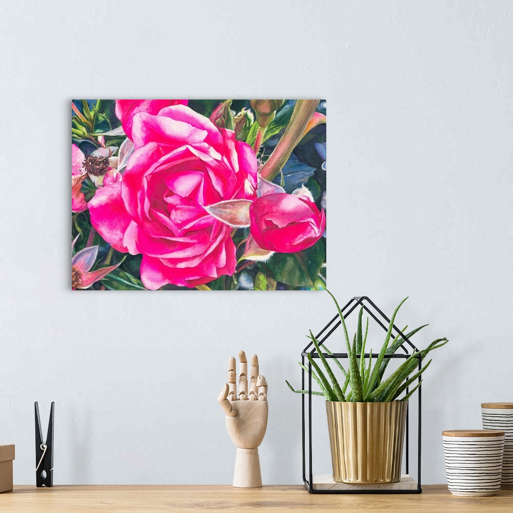 A bohemian room featuring Watercolor painting of a vibrant pink rose on a bush.