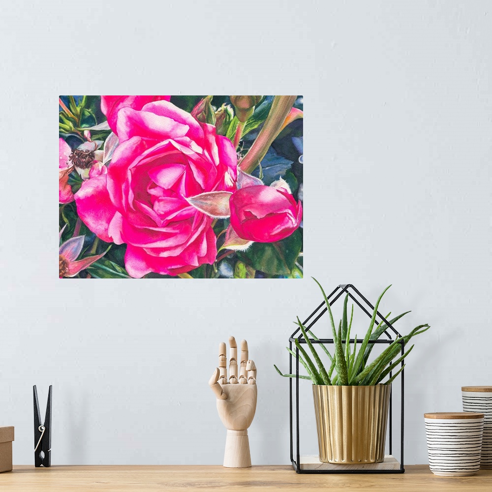 A bohemian room featuring Watercolor painting of a vibrant pink rose on a bush.