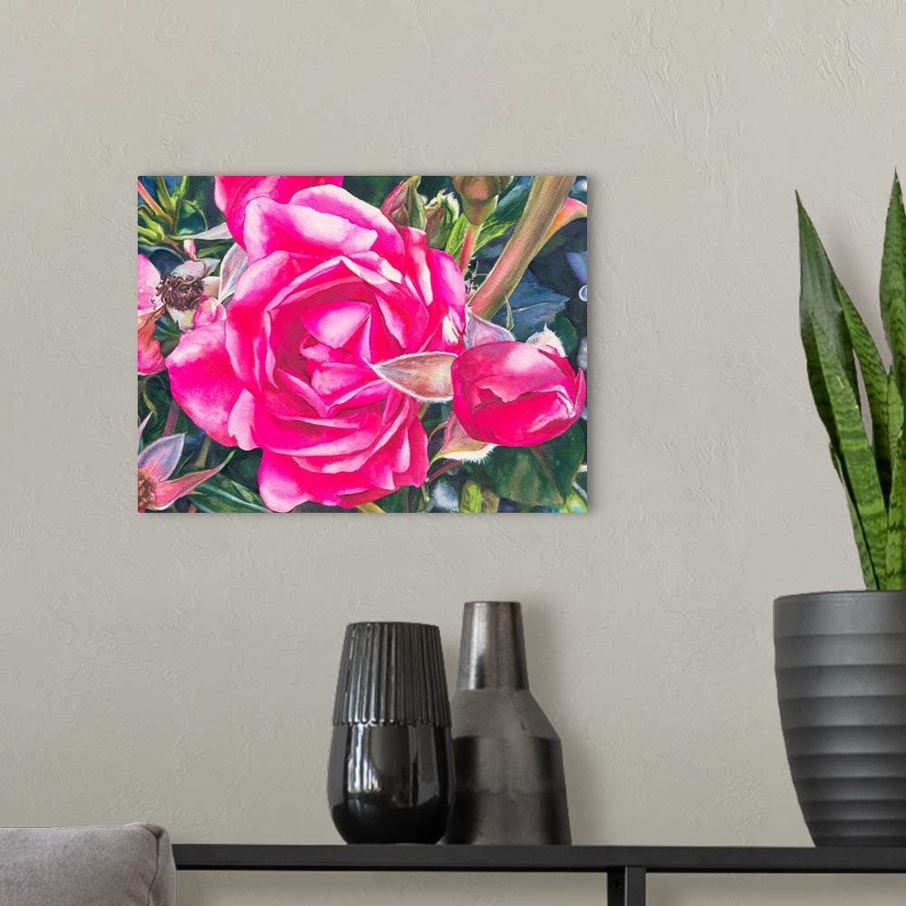 A modern room featuring Watercolor painting of a vibrant pink rose on a bush.
