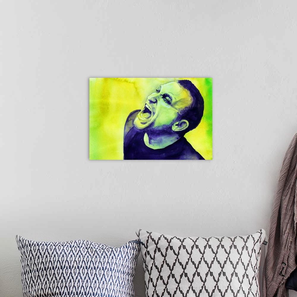 A bohemian room featuring NLOTH-era Bono painted in purple on a green and yellow background: is he screaming because he los...