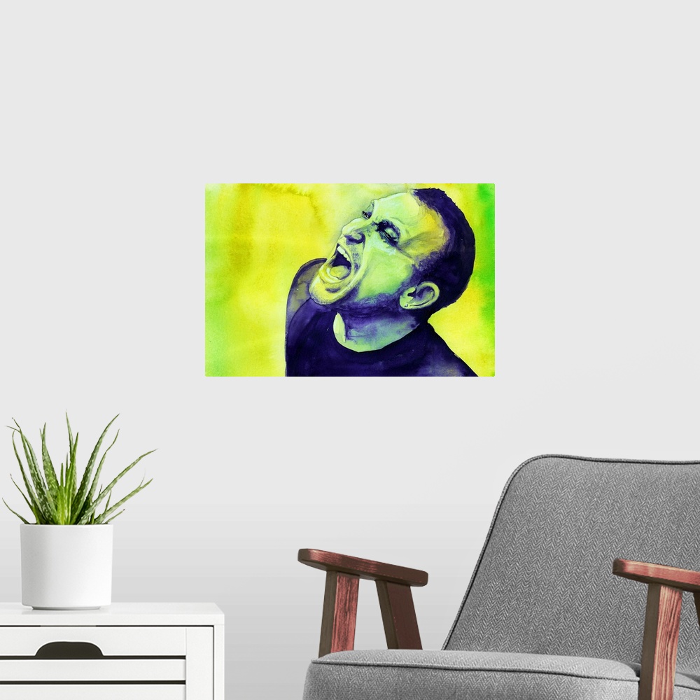 A modern room featuring NLOTH-era Bono painted in purple on a green and yellow background: is he screaming because he los...