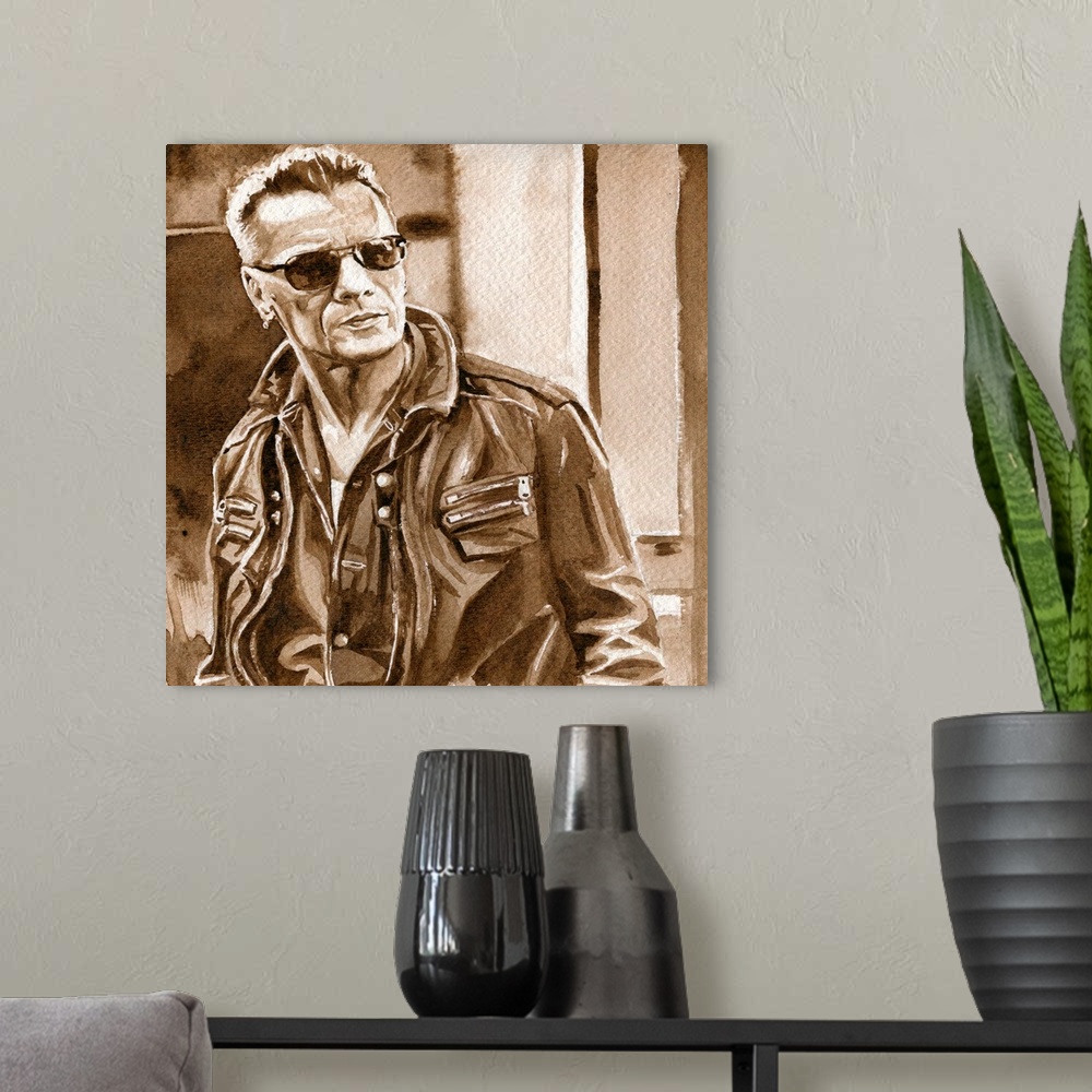 A modern room featuring Watercolor Illustration for atu2.com of Larry Mullen Jr.