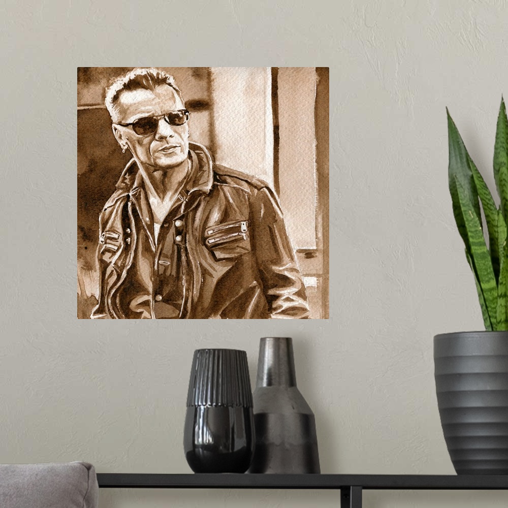 A modern room featuring Watercolor Illustration for atu2.com of Larry Mullen Jr.