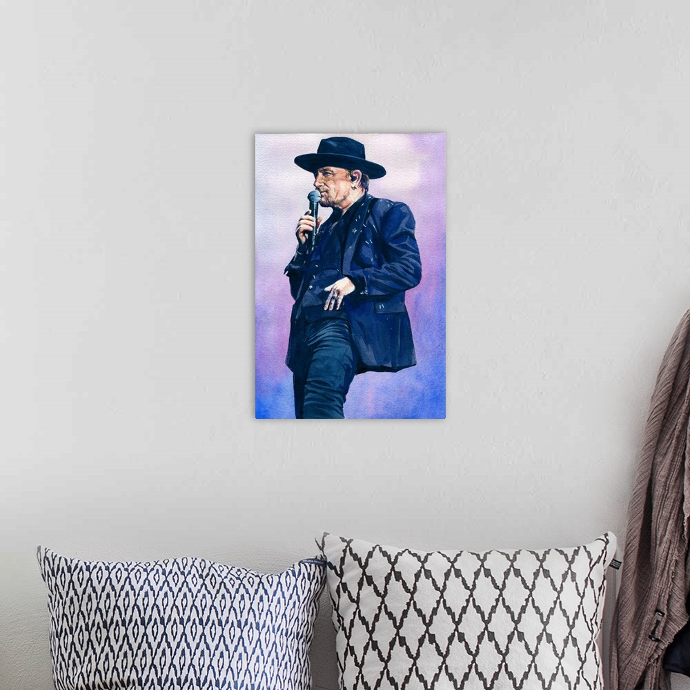 A bohemian room featuring Watercolor painting of Bono created for atu2.com 2017.