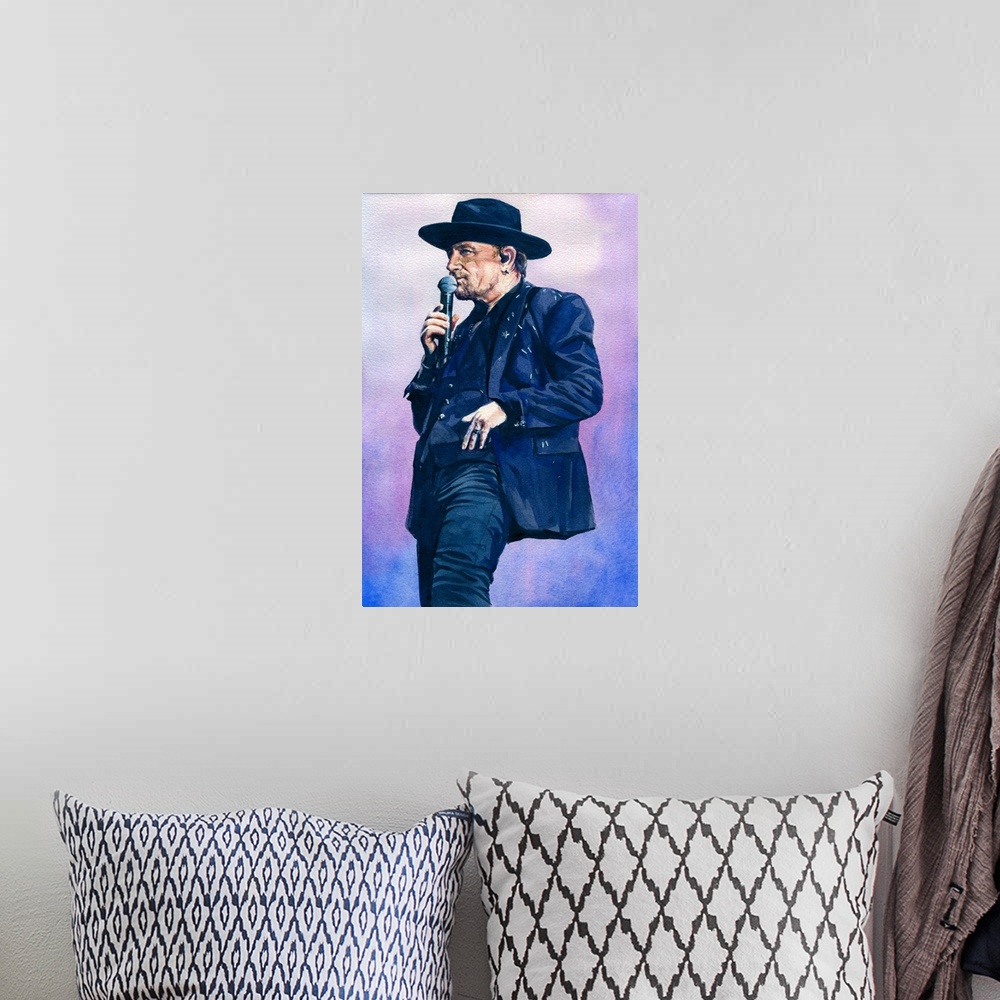 A bohemian room featuring Watercolor painting of Bono created for atu2.com 2017.