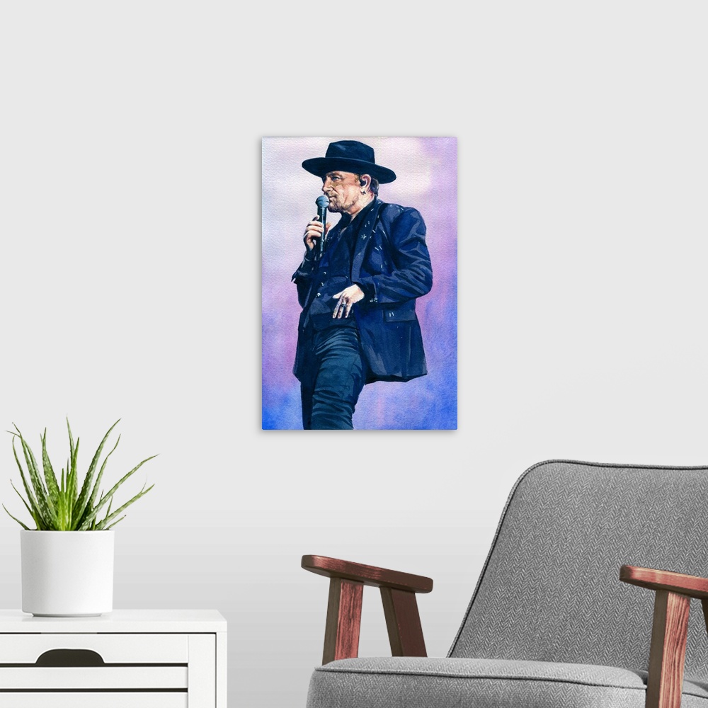 A modern room featuring Watercolor painting of Bono created for atu2.com 2017.