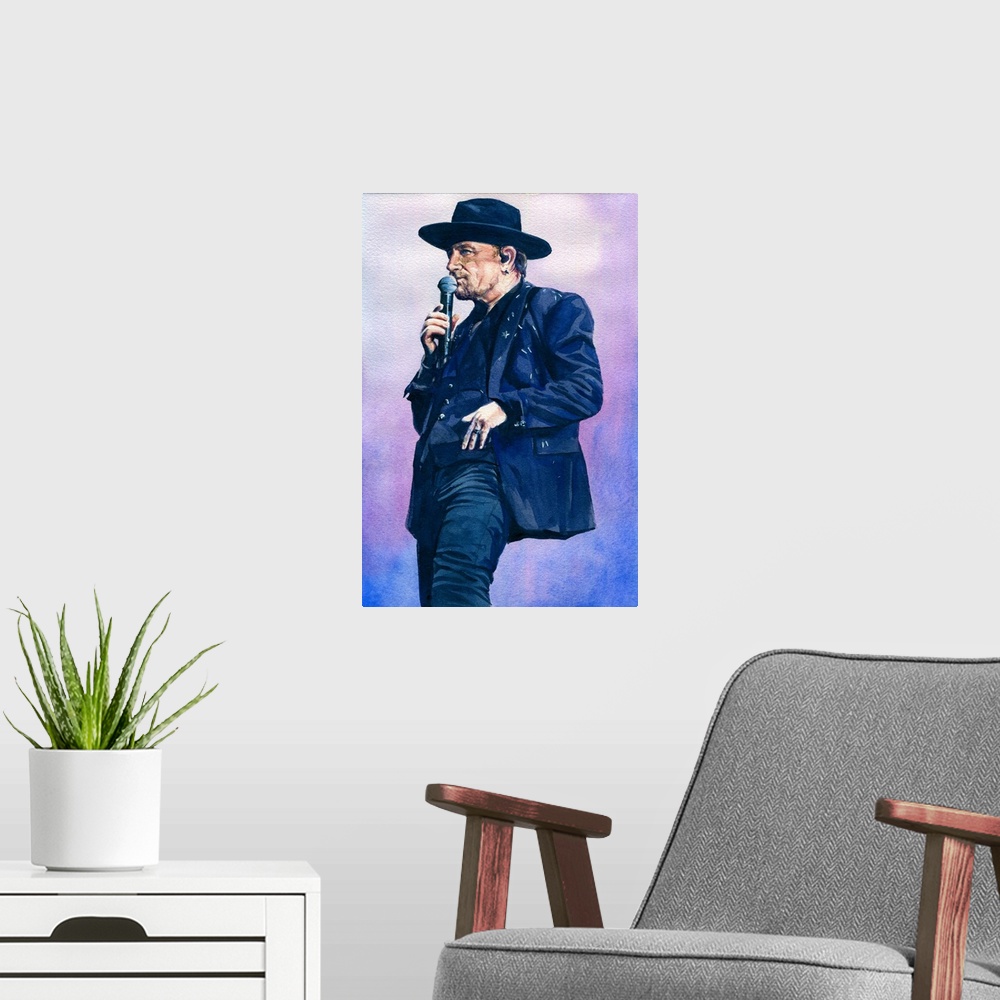 A modern room featuring Watercolor painting of Bono created for atu2.com 2017.