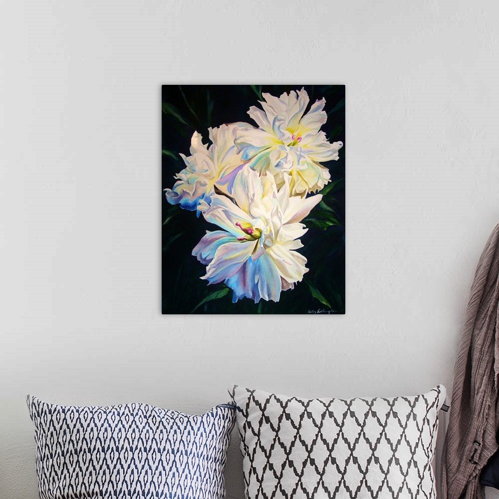 A bohemian room featuring Vertical contemporary watercolor painting of white peonies in bloom.