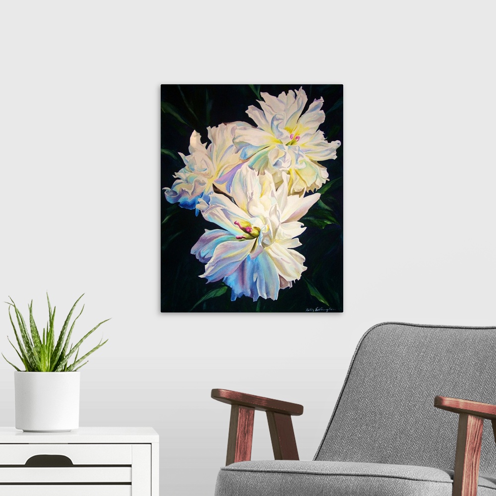 A modern room featuring Vertical contemporary watercolor painting of white peonies in bloom.