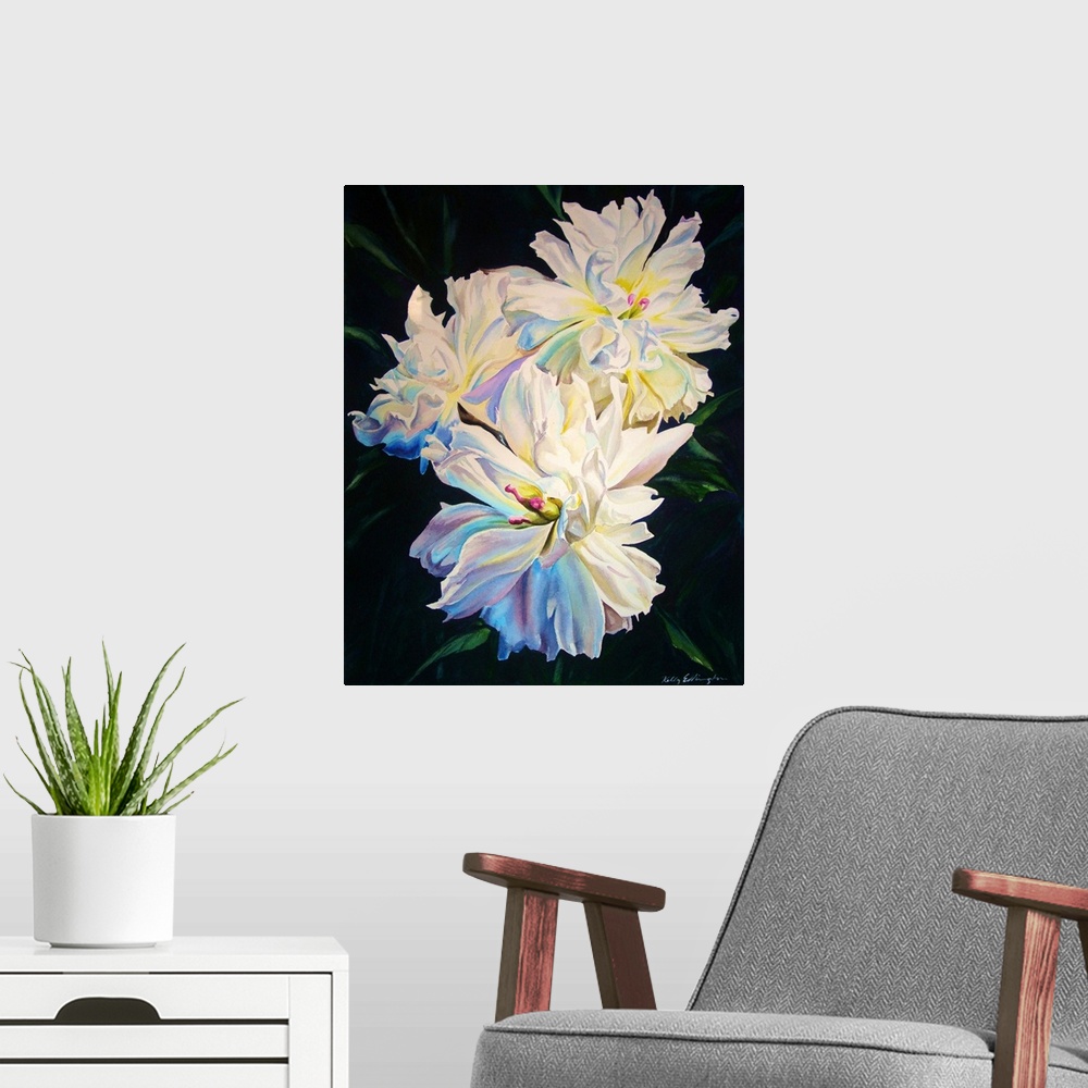 A modern room featuring Vertical contemporary watercolor painting of white peonies in bloom.