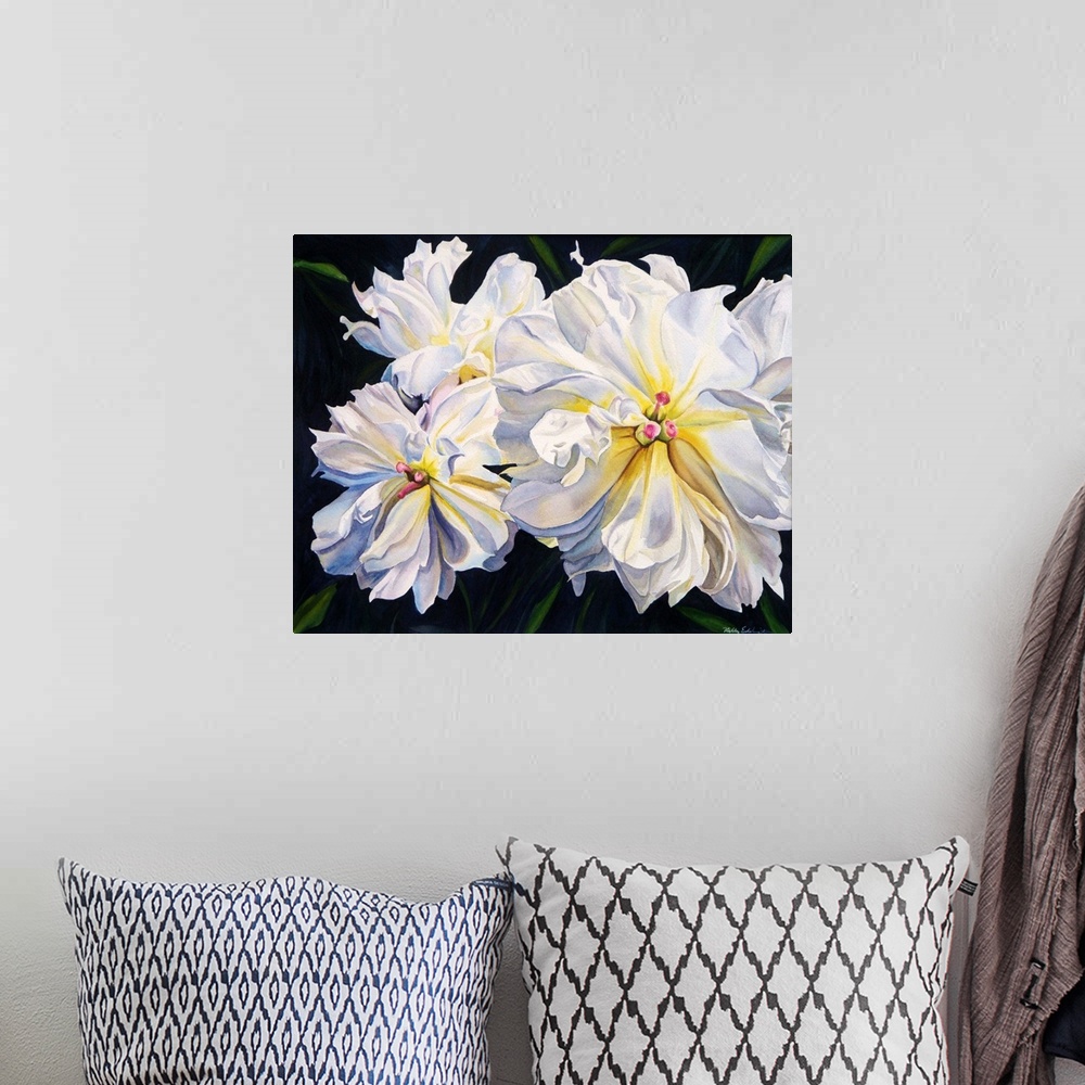 A bohemian room featuring Horizontal contemporary watercolor painting of white peonies in bloom.