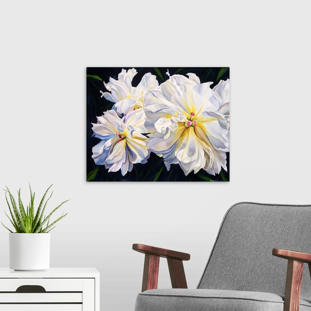 A modern room featuring Horizontal contemporary watercolor painting of white peonies in bloom.