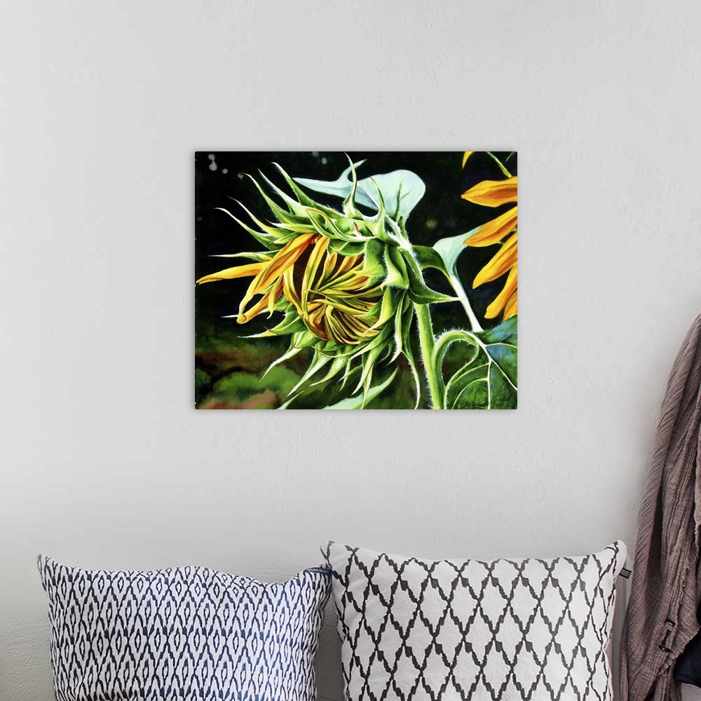 A bohemian room featuring A horizontal watercolor of a sunflower just starting to open up.