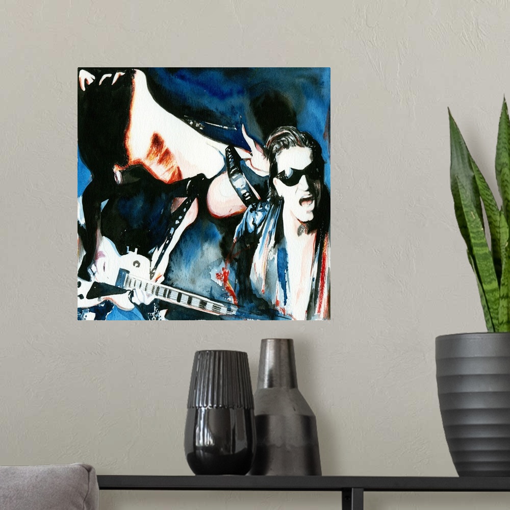 A modern room featuring Illustration inspired by U2's video for The Fly starring Bono and Edge and especially Bono's neck...