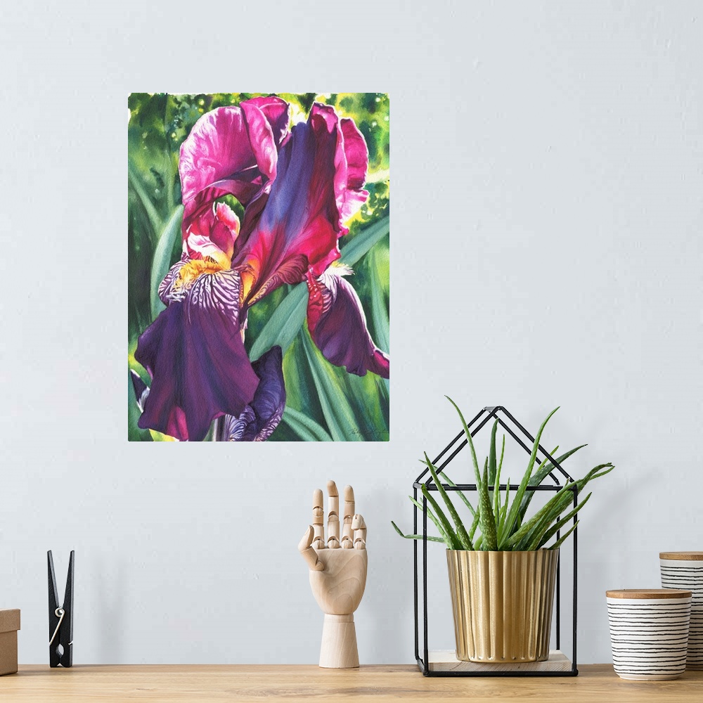 A bohemian room featuring A vertical watercolor painting of a vibrant colored iris in tones of pink and purple.