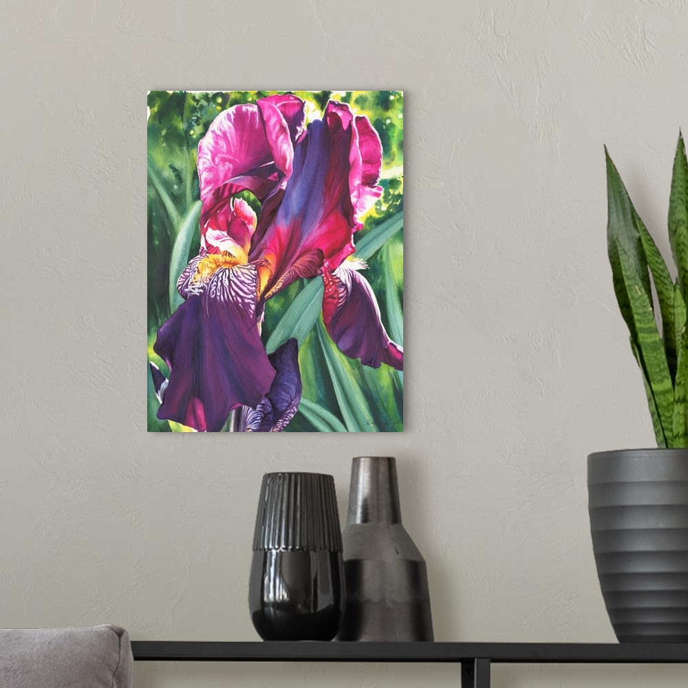 A modern room featuring A vertical watercolor painting of a vibrant colored iris in tones of pink and purple.