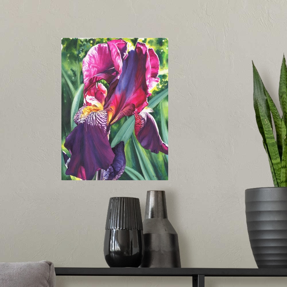 A modern room featuring A vertical watercolor painting of a vibrant colored iris in tones of pink and purple.