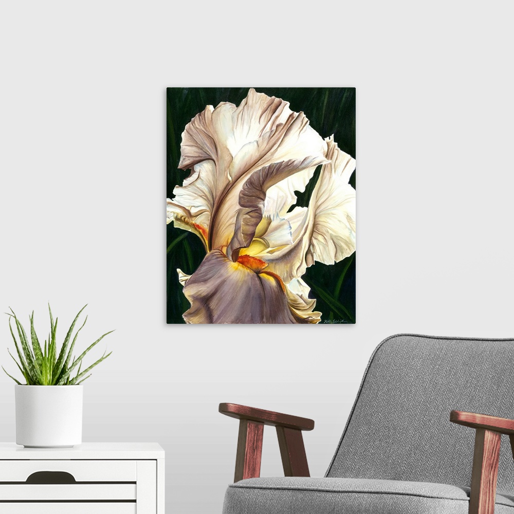 A modern room featuring A contemporary watercolor of the fine details of a white iris with yellow accents.