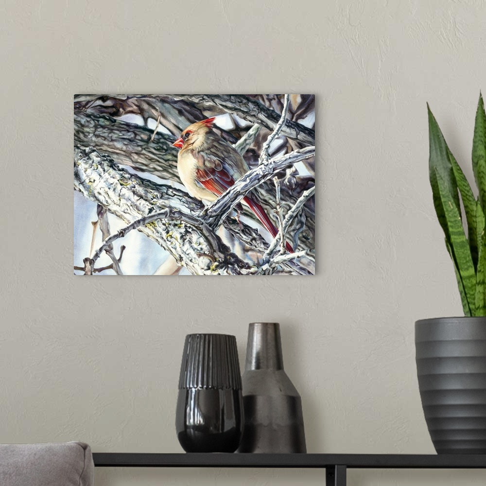 A modern room featuring Watercolor painting of a female cardinal in winter on a tree.