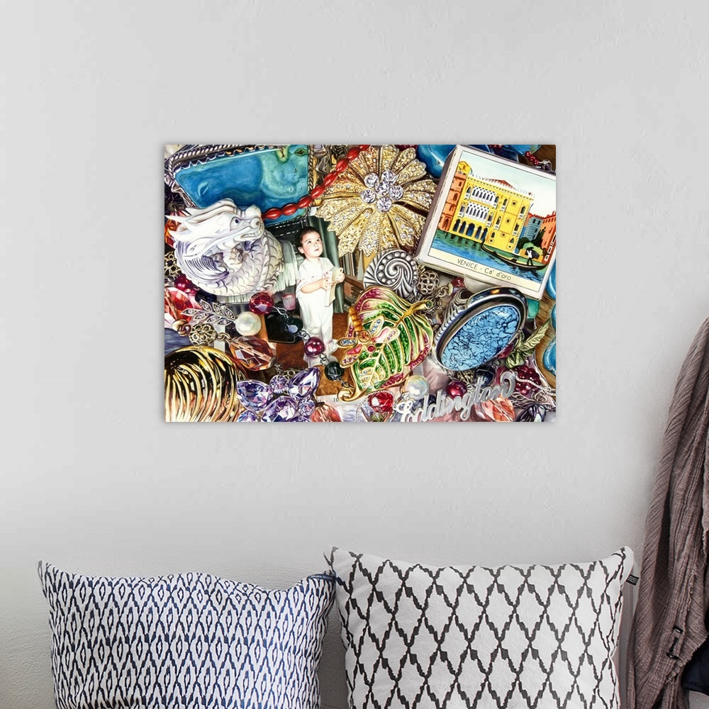 A bohemian room featuring A watercolor close-up of a small selection of jewelry and photos.