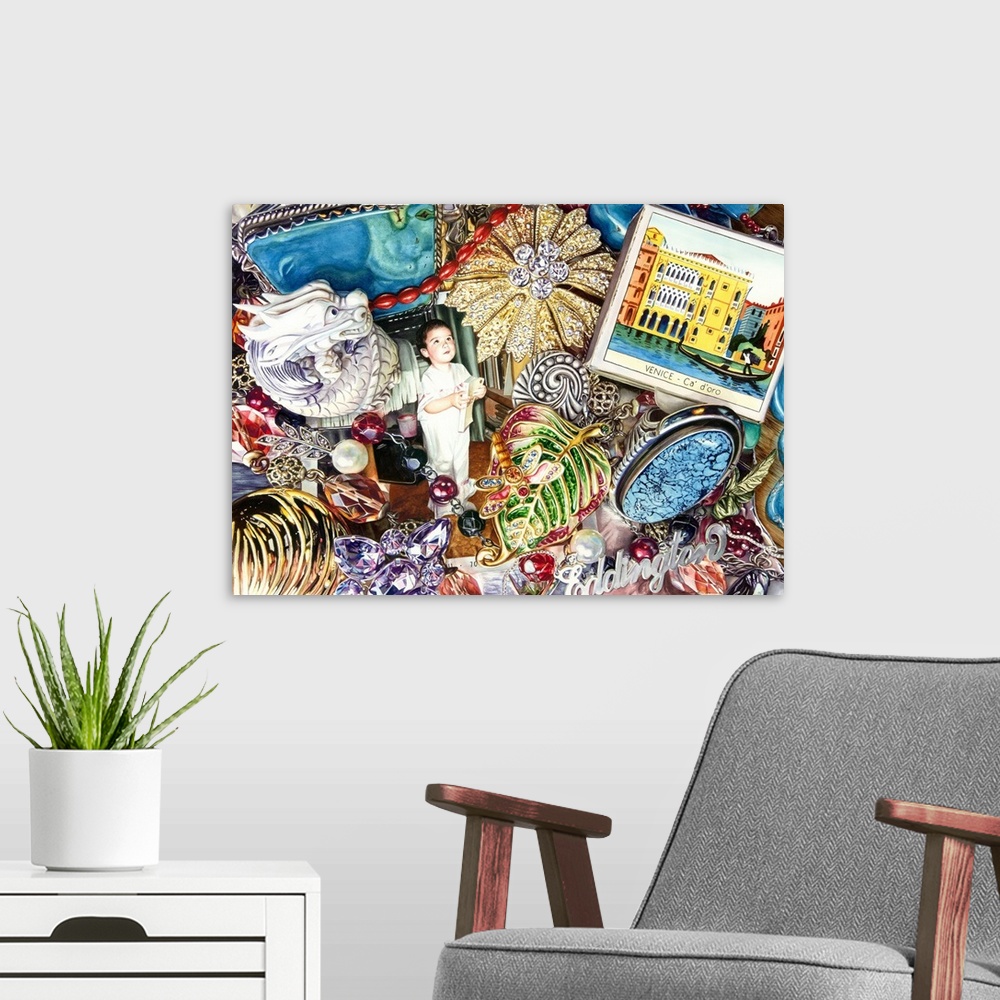 A modern room featuring A watercolor close-up of a small selection of jewelry and photos.