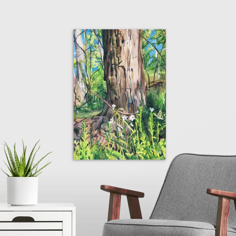A modern room featuring Vertical watercolor painting of a tree thunk surrounded by a blooming forest.