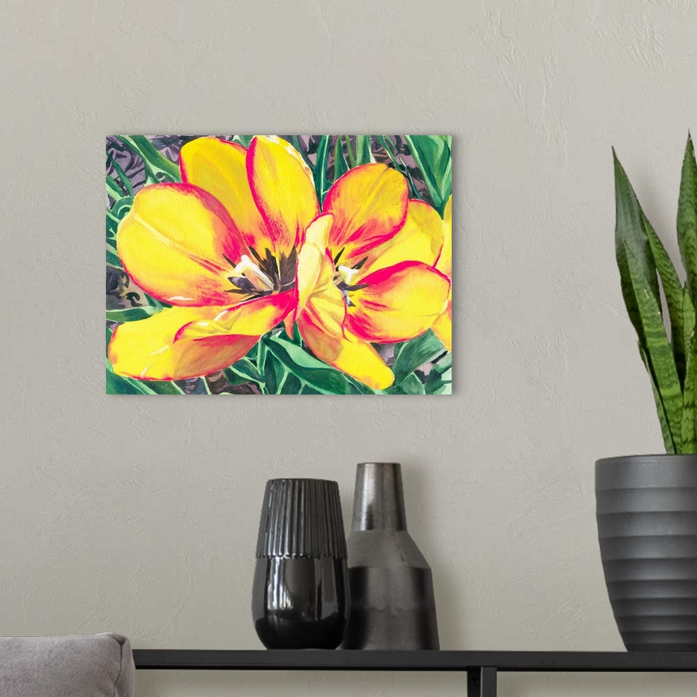 A modern room featuring A contemporary watercolor painting of yellow and red tulip.