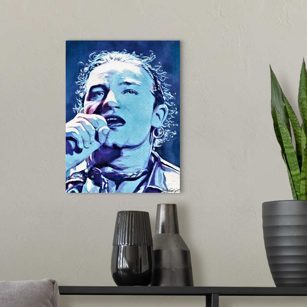 A modern room featuring Quick painting of Bono in watercolor.