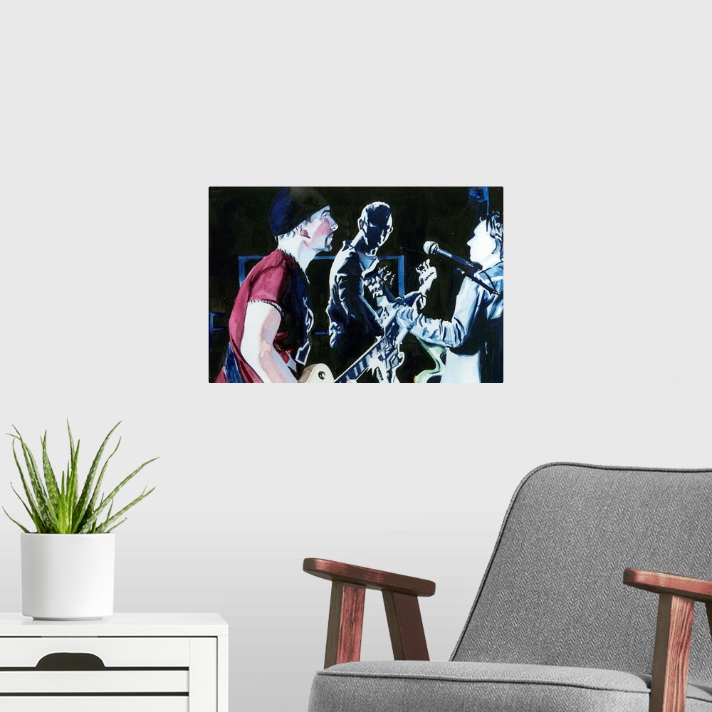A modern room featuring Bono plays guitar along with Edge and Adam in this Elevation era concert at Slane Castle.