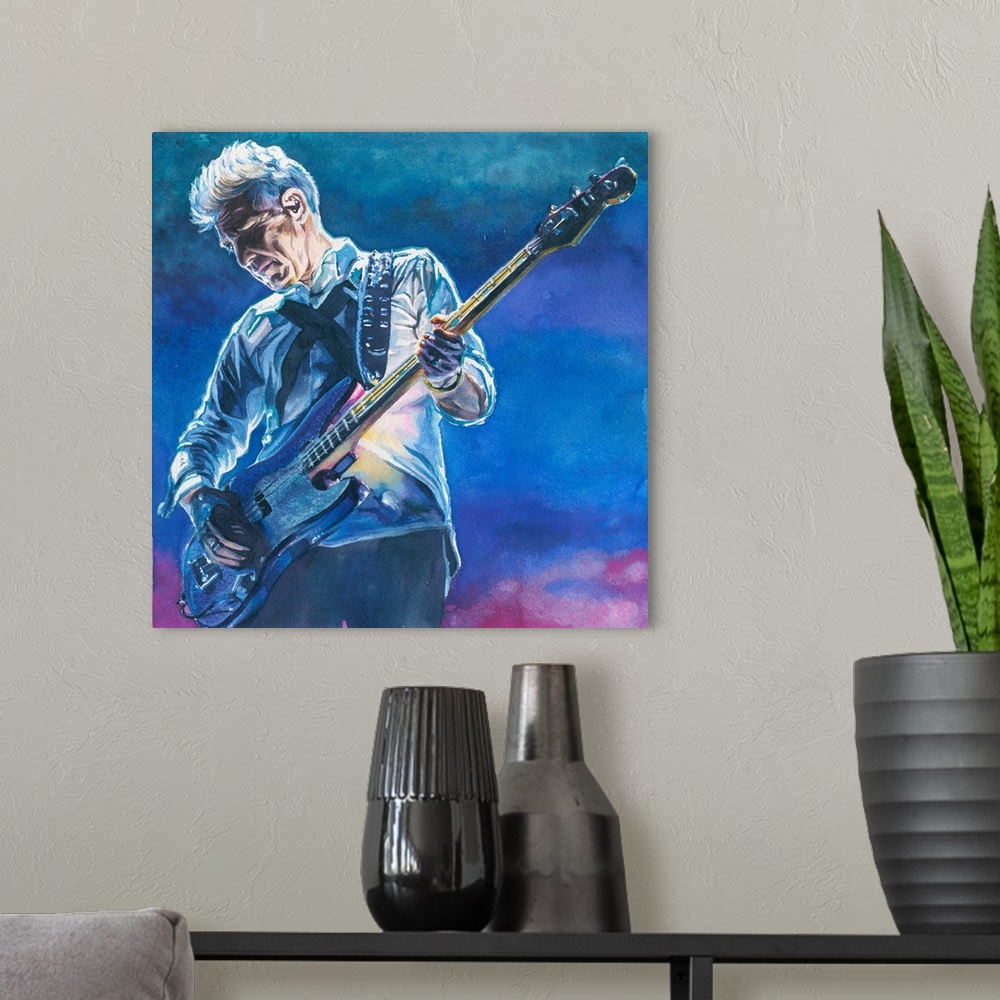 A modern room featuring Watercolor painting of Adam Clayton.