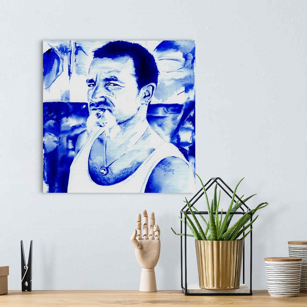 A bohemian room featuring Pop era Bono smokes and snarls at you in this all-blue portrait.