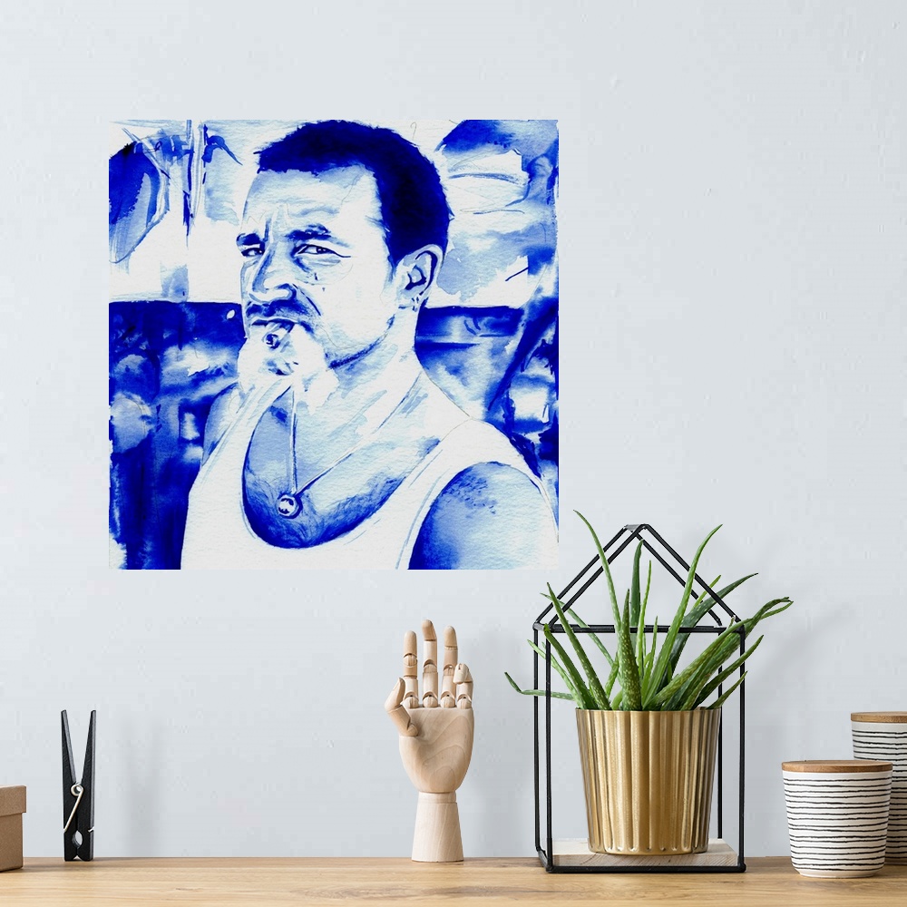A bohemian room featuring Pop era Bono smokes and snarls at you in this all-blue portrait.